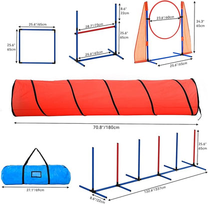 DWVO Dog Agility Accessories Kit: Comprises of a Teaser Pole, 2 Hurdles, 6 Weaving Poles, Agility Tunnel, Pause Box, Full Set of Agility Equipment for Backyard Indoors Outdoors
