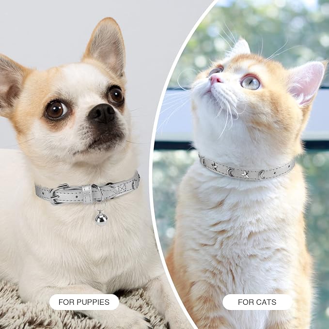 Leather Cat Collars for Boy Girl Cats with Bell and Safety Elastic Belt, Personalized Star and Moon Stud Adjustable Safe Buckle Collar for Kitty Small Big Cats Size 7-9 Inch, Silver Grey
