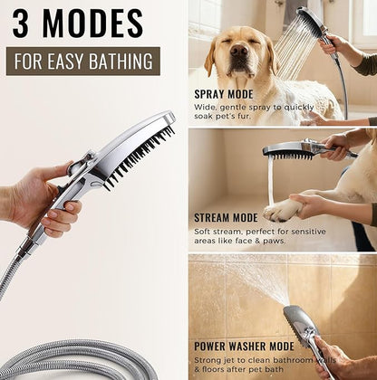 G-Promise 3 Mode Dog Shower Attachment with Pause Mode, Dog shower Sprayer with 78 Inches Stainless Steel Hose, Metal Diverter, Adhesive Holder, for Fast and Easy Dog Bathing and Cleaning(Chrome)