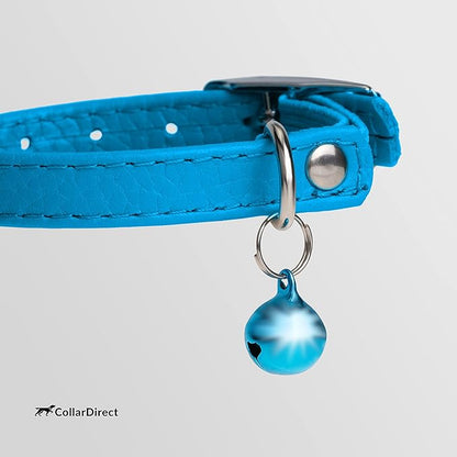 CollarDirect Leather Cat Collar, Kitten Collar with Removable Bell Black Blue Red Orange Lime Green (6-7 Inch, Light Blue)