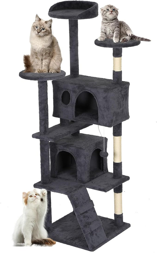 FDW | 62" Cat Tree Tower | Dark Gray | Multi-Level Indoor Activity Center with Sisal Scratching Posts, Condos, Plush Perches, Hanging Cat Toys | Sturdy, Easy to Assemble | for Kittens & Adult Cats