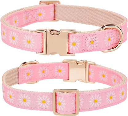 Woven Dog Collar with Metal Buckle Adjustable Jacquard Retro Dog Collars for Small Medium Large Dogs(Pink Daisy,S)