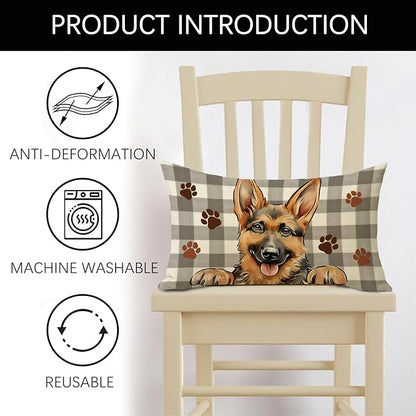 German Shepherd Dog Lumbar Decorative Throw Pillow Cover 12x20, Rectangular Paw Prints Outdoor Home Decor Pet Owner Lover Gift, Farmhouse Buffalo Plaid Sofa Couch Cushion Case Housewarming Gifts