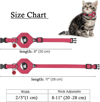 Breakaway Airtag Cat Collar with Removable Bell - Leather Pet Collar with Apple Air Tag Holder - Adjustable GPS Collars for Girl Boy Cats Kitten Puppy - Lightweight, Cute and Comfortable (Pink)