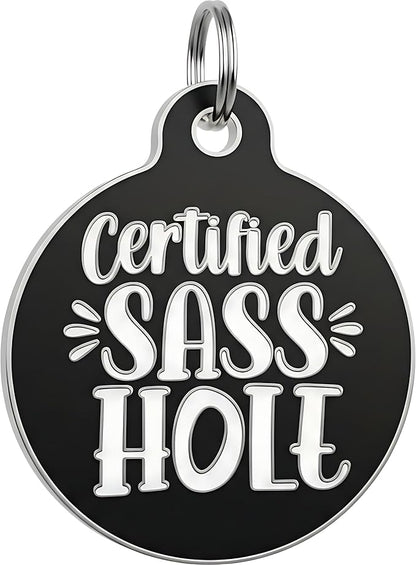 Bad Tags Personalized Dog and Cat ID Tags in 25+ Designs and 2 Sizes - 5 Lines of Custom Engraved Text - Funny Cute Personalized Pet Tags (Certified Sass Hole, Small (1 inch))
