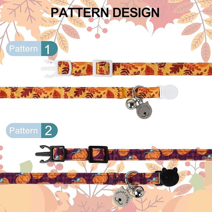 Lionet Paws 2pcs Pack Cotton Cat Collar,Breakaway Buckle with Purple Pumpkin, Red Leave and Brand Pendant Cute Adjustable Cat Kitten Collar,Ideal for Girl Cats Boy Cats