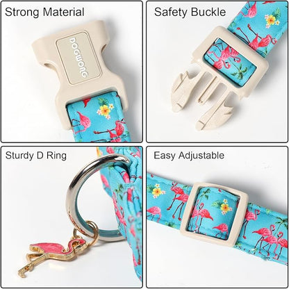 DOGWONG Spring Summer Dog Collar-Cute Flamingo Dog Collar, Adjustable Soft Beach Hawaiian Dogs Collars for Medium Dogs, M