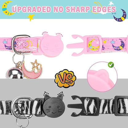 SCENEREAL Cat Collar Breakaway 3 Pack - Safety Kitten Collar with Bells Moons Stars Bowtie, Spring Summer Pet Accessory for for Girl Boy Male Outdoor and House Cats Kitty Adjustable 7''-12''