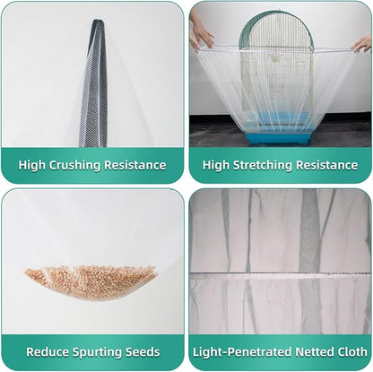 Large Bird Cage Cover, Bird Cage Seed Catcher, Adjustable Soft Airy Nylon Mesh Net, Birdcage Cover Skirt Seed Guard for Parrot Parakeet Macaw African (Solid-White, 15.7" x118")
