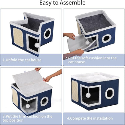 Shikha Cat Beds for Indoor Cats, Large Cat Cave with Cozy Condo, Fluffy Ball, Round Window, Foldable Indoor Cat House Hold Up to 30LBS, Cat Hideaway with Reversible Soft Cushions for All Seasons, Blue