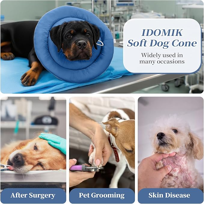 IDOMIK Dog Recovery Collar, Waterproof Soft Dog Cone After Surgery, Comfy Protective Elizabethan Collar Alternative for Dogs Cats, Adjustable Pet Neck Donut Cone Anti-Licking Biting Wounds,Navy,M