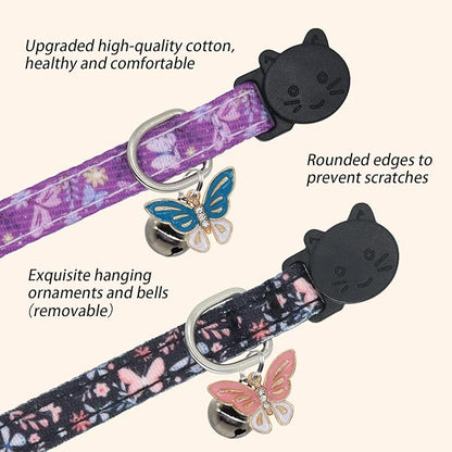 Cat Collar Breakaway, 2 Pack Cotton Cats Collars with Bells, Cute Butterfly Shaped for Girl Boy Kittens, Purple and Black