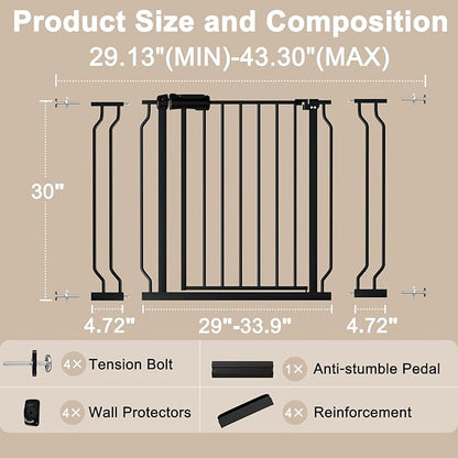 WAOWAO Baby Gate 29.13-43.3" Extra Wide Pressure Mounted Walk Through Swing Auto Close Safety Black Metal Toddler Kids Child Dog Pet Puppy for Stairs,Doorways,Kitchen
