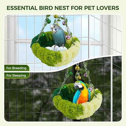 Bird Nest with Bell for Cage,Plush Hanging Bird Bed for Parakeet Indoor & Outdoor,Breeding Bird House for Conure,Budgie,Cockatiel,Lovebird,Canary,Finch,Hamster,Small Pets,Warm Nest,Green L
