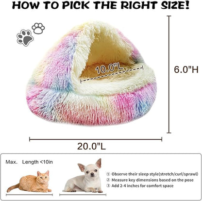 ShinHye Cat Bed Round Plush Fluffy Hooded Cat Bed Cave, Cozy for Indoor Cats or Small Dog beds, Soothing Pet Beds Doughnut Calm Anti-nxiety Dog Bed - Waterproof Bottom Washable (20×20inch, Multicolor)