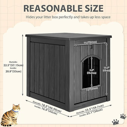 Cat Litter Box Enclosure, Hidden Litter Box with Openable Front Door, Outdoor Cat House Weatherproof, Side Table, Easy to Clean and Assembly, Dark Black