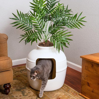 Good Pet Stuff Hidden Litter Box Planter, Decorative Cat Litter Enclosure with Carbon Filter, Artificial Plant, Easy Clean, Indoor Design, Original Round Style, Essentials Kit, White Birch