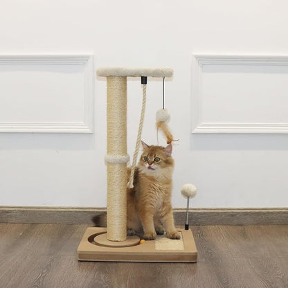 PAWSFANS Cat Scratching Post,Sisal Scratch Posts with Track Ball Feather Toy for Indoor Cats and Kittens,25" Tall Beige
