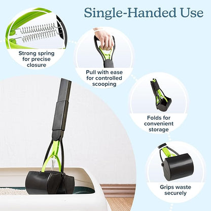 Pooper Scooper - Foldable Cat and Dog Poop Scoop with Ergonomic Handle - Enables One-Handed Use on Concrete, Grass, and Gravel by PETMAKER (Green)