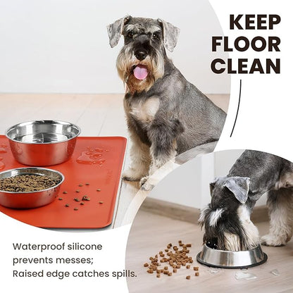 VIVAGLORY Dog Food Mat Flexmat Dog Bowl Mat, Placemat Food Tray with Raised Edges & Lip for Indoor Floor, Non Slip Waterproof Silicone Dish Placemat for Cat & Pet, L, Orange