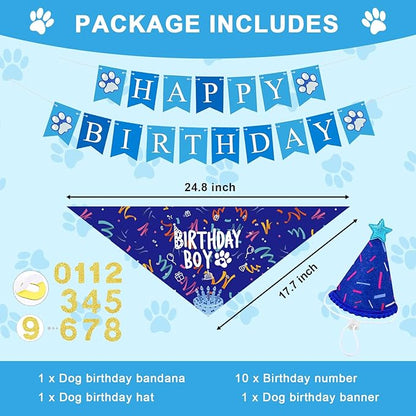 Dog Birthday Party Decorations, Adjustable Dog Bandana Set with Hat, Numbers, Banner for Pet Party Supplies Festive Accessories Large Medium Small Pet Puppy Dogs, Blue