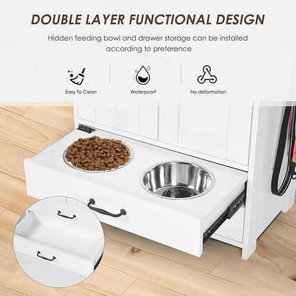 ZMAD Dog Feeding Station with Storage Cabinet and Double Door Locker with 2 Adjustable Dog Bowls, Hidden Pet Feeder Station Wood, Cat Food Storage Cabinet