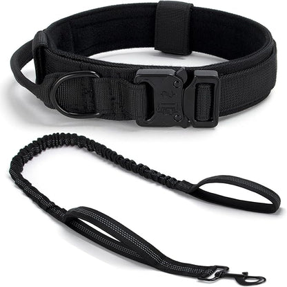 Tactical Dog Collar Set, Adjustable Military Training Nylon Dog Collar with Control Handle and Heavy Quick-Release Metal Buckle for Small Medium Large Dogs, Black Set XXL