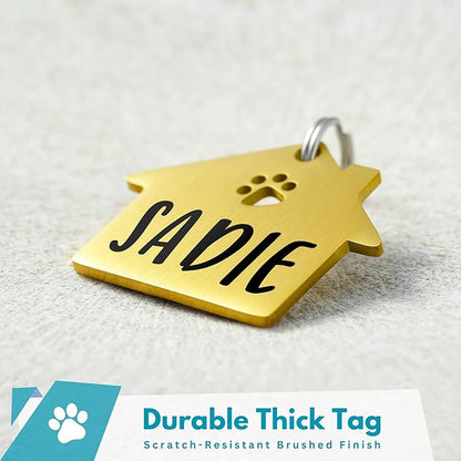 Ultra Joys Dog Tags Personalized for Pets - Hollow Paw Custom Pet ID Tag - Engraved Dog Tag for Small, Large Dogs - Small House in Gold