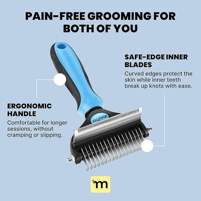 MalsiPree 2-in-1 Cat Brush for Shedding - Double-Sided Undercoat Rake for Long Haired Cats - Professional Dematting Tool for Dense Double-Coats - Gentle Deshedding Brush for Kittens, Blue