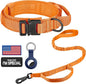 DAGANXI Tactical Dog Collar, Adjustable Military Training Nylon Dog Collar with Control Handle and Heavy Metal Buckle for Medium and Large Dogs, with Patches and Airtags Case (Orange-Set, S)