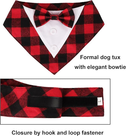 ADOGGYGO Christmas Dog Tuxedo Bandana, Red Plaid Xmas Pet Bowtie Collar, Adjustable Christmas Costumes for Small Dogs (S)