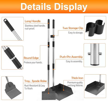 Pooper Scooper, Metal Aluminum Tray and Spade Poop Scoop Set with Adjustable Stainless Steel Long Handle, Pet Waste Removal Heavy Duty Poop Scooper (Tray&Spade, Small)