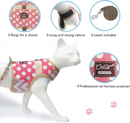 Cat Harness and Leash for Walking Escape Proof, Adjustable Cat Vest Harness, Padded Stylish Cat Walking Jackets, Polka Dot Pink, X-Small