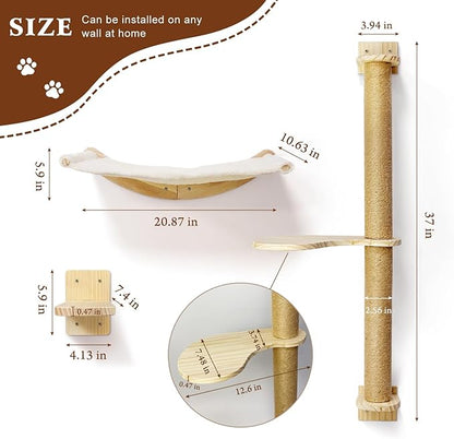 Wall Mount Cat Wall Shelves – Hammock, Scratching Post with Landing, Two Jumping Steps – Cat Furniture and Shelves up to 30 lbs, Set of 4