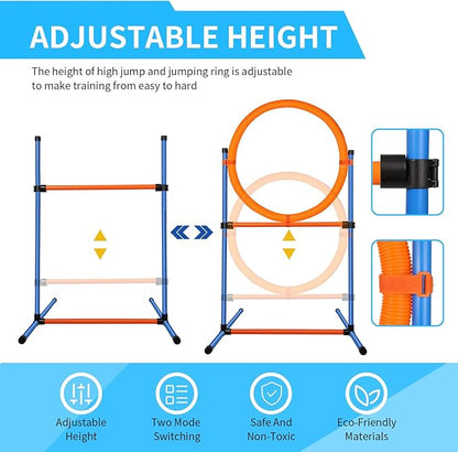 Dog Agility Training Equipment, 72-Piece Obstacle Course Training Starter Kit Indoor Outdoor Game for Dogs with Agility Hurdle, Jump Ring, Weave Poles, Pause Box, Toy Balls and Storage Bag