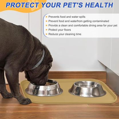 Silicone Pet Feeding Mat with Raised Edge for Food and Water, Dog Bowl Mats, Cat Bowls Placemat with High Lip for Floor Waterproof, Rubber Tray for Cats and Dogs 22 x 14 x0.8 Dark Beige