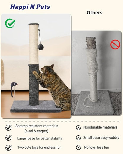 Happi N Pets 29.5" Tall Cat Scratching Post, Cat Scratcher for Indoor Cats, Sisal Scratch Post & Carpet Post in One, Stable Cat Scratch Post with Two Toys, Extra Free Toy, Smokey Gray