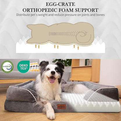 Comfort Expression Orthopedic Dog Bed for Large Dogs 35x22 Inch, Waterproof Supportive Egg Crate Foam Large Pet Bed with Removable Bolsters, Dog Couch with Washable Cover & Non-Slip Bottom, Grey