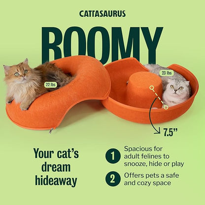 Cattasaurus Peekaboo Cat Cave Donut for Multiple & Large Cats up to 30-45 lbs, 3-in-1 Self Warming Cat Bed, Tunnel & Scratcher for Indoor Cats, Washable & Detachable Small Dog Bed (Orange, Large)