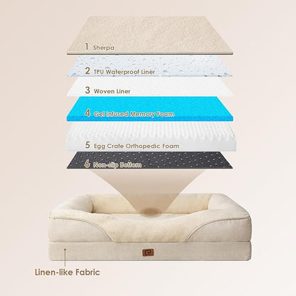 EHEYCIGA Orthopedic XL Dog Bed for Large Sized Dog, 42x30x7.5 Inch Extra Large Memory Foam Dog Couch Bed with Sides, Waterproof Liner & Washable Removable Cover, Bolster Pet Sofa, Beige
