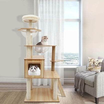 Wood Cat Tree, Modern 5-Tier Wooden Cat Tree, Wooden Tower with Acrylic Space Capsules & Sisal Scratching Post, 55.1in Multi-Level Activity Center for Indoor Cats (22lbs Capacity)