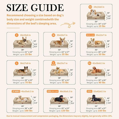 Comfort Expression Waterproof Orthopedic Foam Dog Beds for Extra Large Dogs Sofa Pet Bed Washable Removable Cover with Zipper and Bolster 53" L x 42" W x 8.5" Th, Light Brown