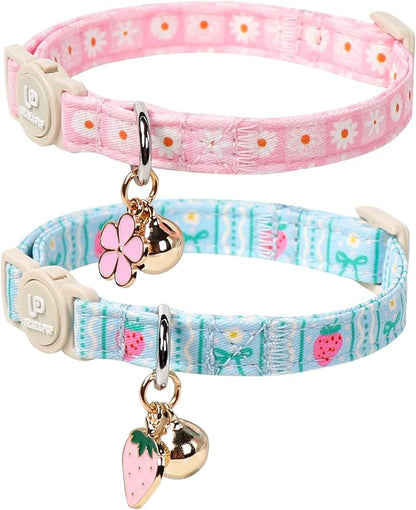 Cat Collar, Pack of 2 Summer Kitten Collars-Cute Lime and Strawberry Pendants-Breakaway Kitty Collars,Cat Collar with Bell, for Girl & Boy Cats