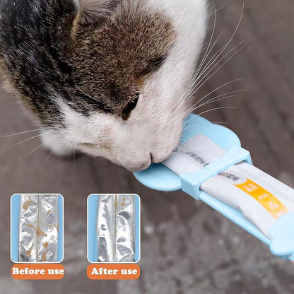 Cat Treat Spoon & 3 Pcs Can Lids | Cat Strip Feeder Squeeze for Liquid Snack | Universal Silicone Pet Can Covers BPA Free | Waste-Free Lickable Treat Feeder(Blue)