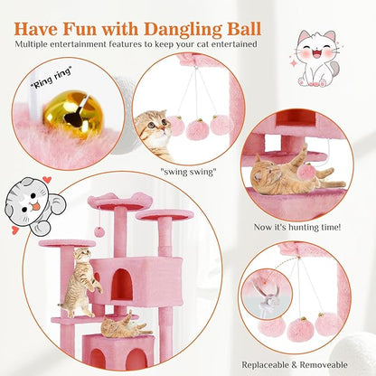 Sweetcrispy 54 Inch Cat Tree Tower, Multi-Level with Cat Scratching Post, Indoor Cat Condo with Climbing Ladder, Plush Toy, Play House for Cat, Pink