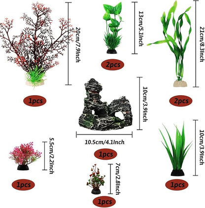 Fish Tank Decorations Plants with Resin Cave Rock View, 9pcs Aquarium Decorations Plants Plastic,Fish Tank Accessories, Fish Cave and Hideout Ornaments, Aquarium Decor