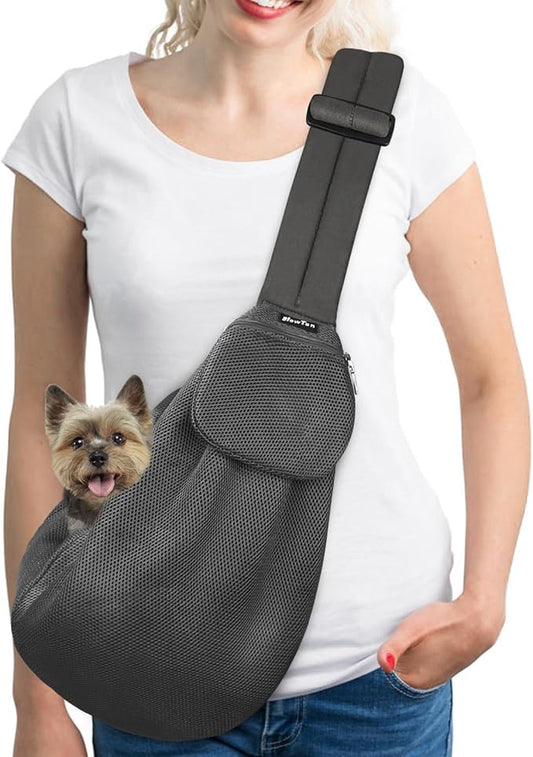 SlowTon Dog Carrier Sling - Thick Padded Shoulder Strap Adjustable Dog Carriers for Small Dogs, Puppy Carrier Purse for Pet Cat with Front Zipper Pocket Safety Belt Machine Washable (Grey Mesh M)