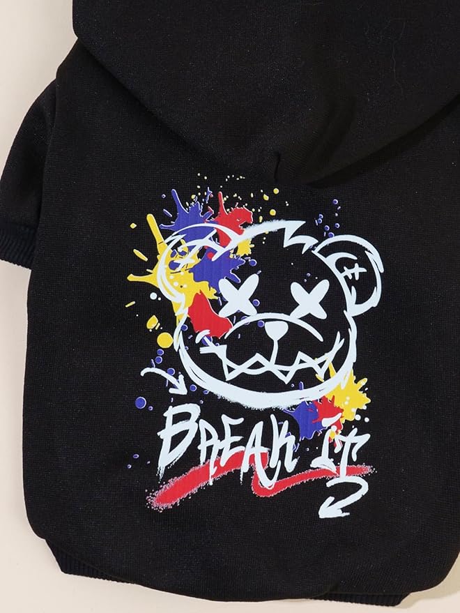 QWINEE Cartoon Bear Print Cat Hoodie Breathable Stretchy Sweatshirts with Hat Warm Cat Clothes for Small Medium Large Cats Dogs Multicolor L