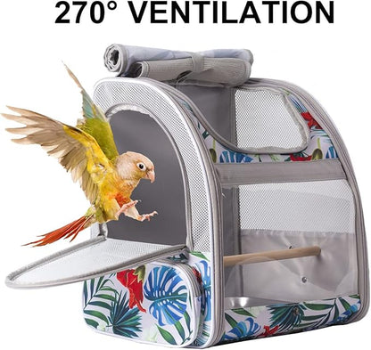 Bird Travel Carrier Backpack with Wooden Stand Perch, Small to Medium Bag to Carry Parrot Parakeet Conure Cockatiel (Multi-Colored, Bird Backpack)