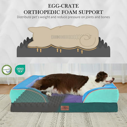 Comfort Expression Orthopedic Dog Bed for Large Dogs 36x27 Inch, Waterproof Egg Crate Foam Large Pet Bed with Removable Bolsters, Dog Couch with Washable Cover & Non-Slip Bottom, Violet Tide